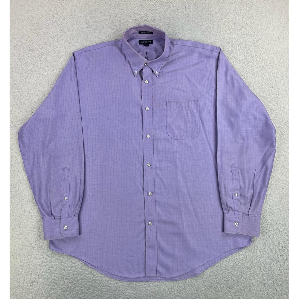 Lands' End Dress Shirt Mens 17.5 34/35 Purple Herringbone No Iron Twill LS